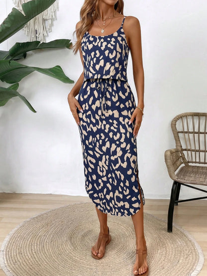 Breezaya Women's Summer Casual Spaghetti Strap Dress With Tie Waist, Side Split Hem Maxi Women Outfit