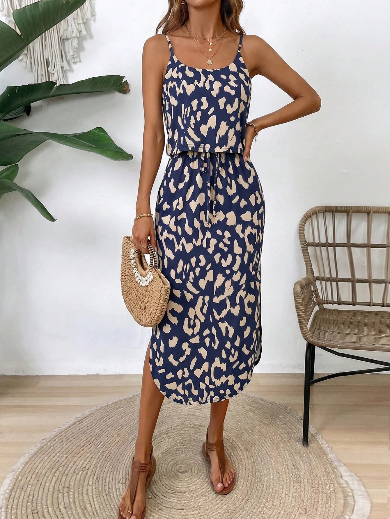 Breezaya Women's Summer Casual Spaghetti Strap Dress With Tie Waist, Side Split Hem Maxi Women Outfit