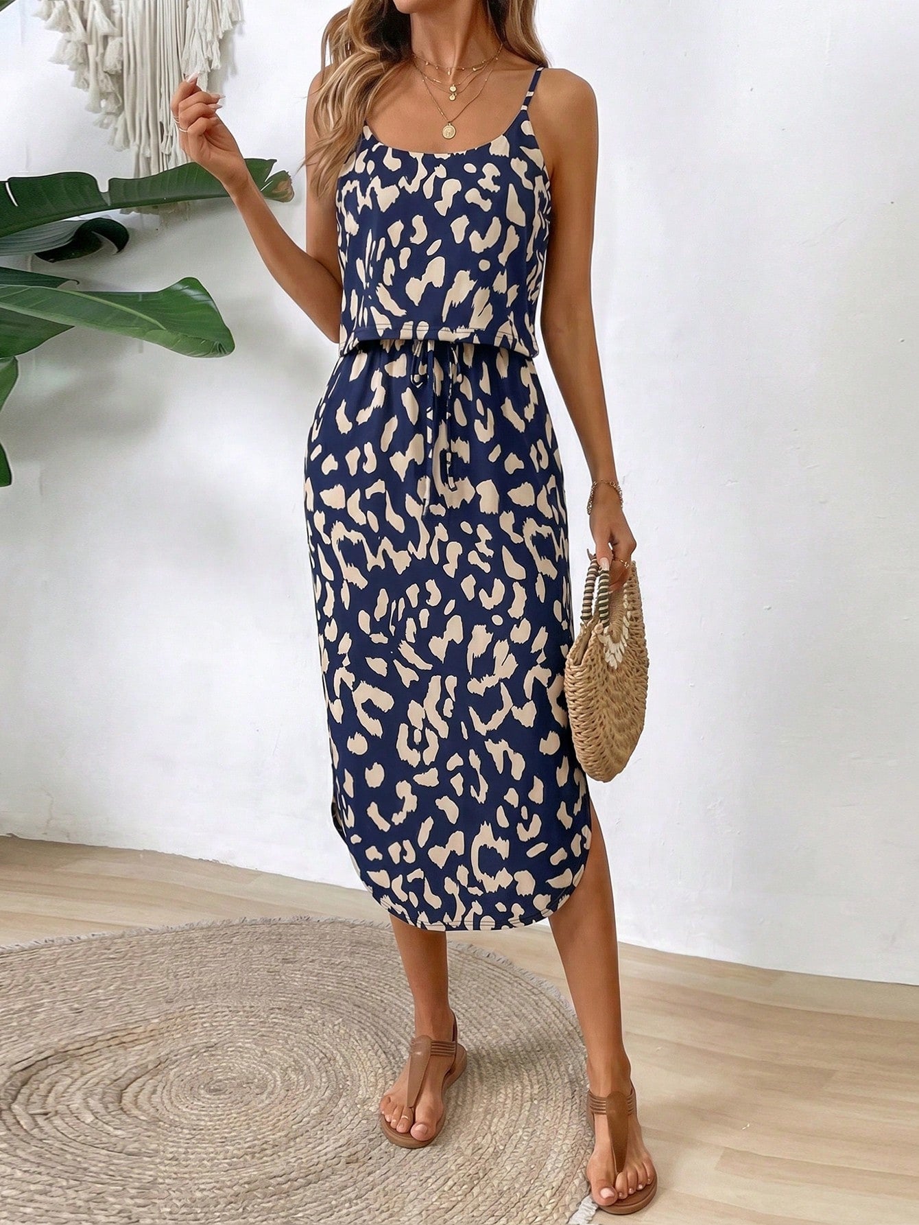 Breezaya Women's Summer Casual Spaghetti Strap Dress With Tie Waist, Side Split Hem Maxi Women Outfit