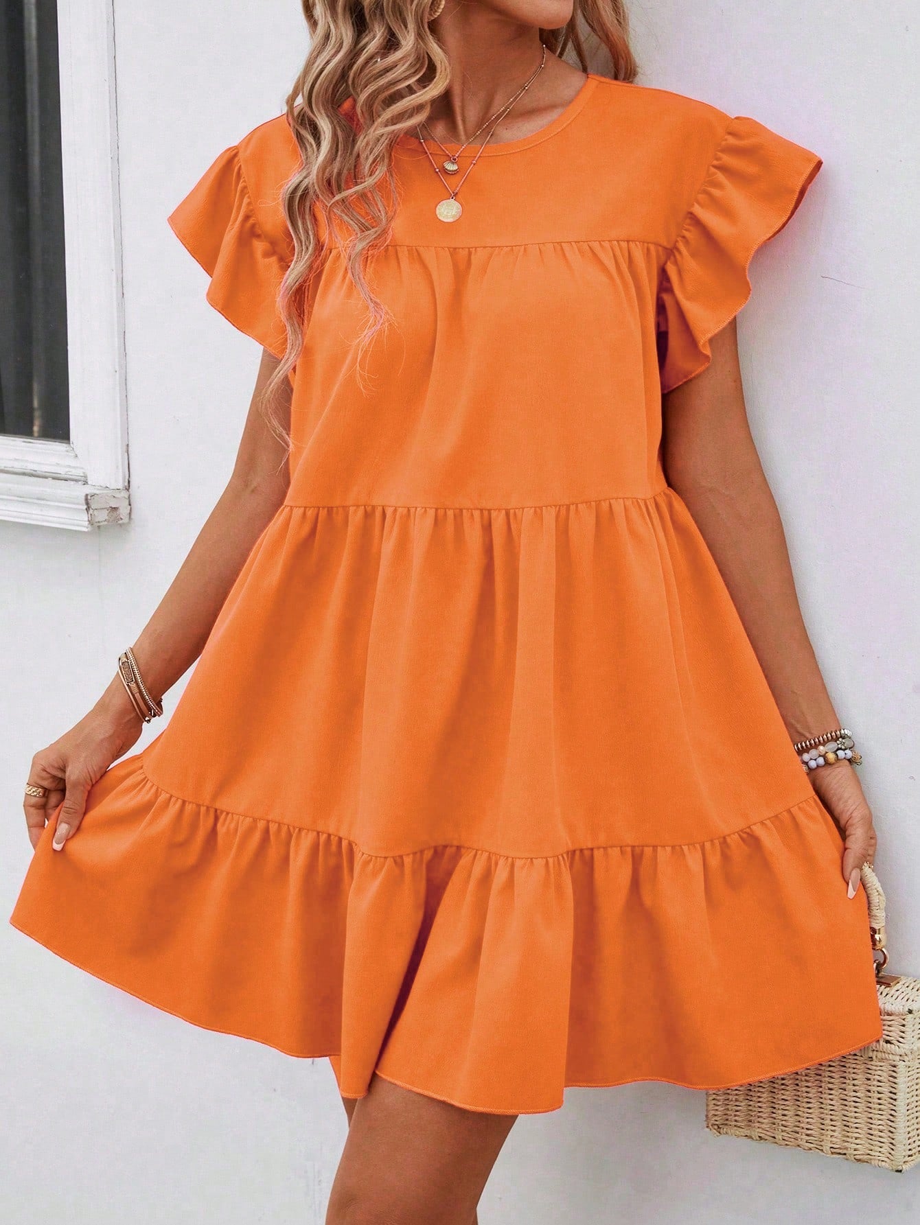 Breezaya Women Summer Solid Color Round Neck Loose Babydoll Dress With Ruffle Trim Vacation Beach Outfit Tropical Orange