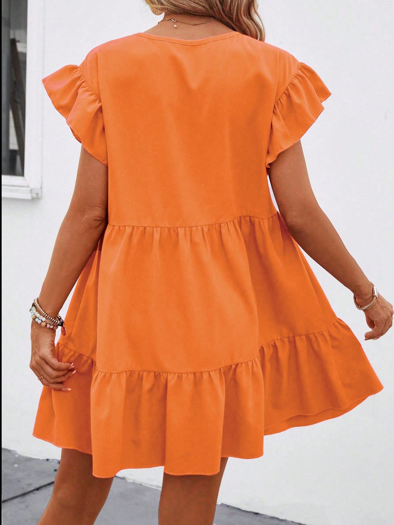 Breezaya Women Summer Solid Color Round Neck Loose Babydoll Dress With Ruffle Trim Vacation Beach Outfit Tropical Orange