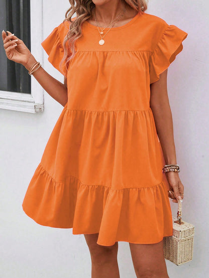 Breezaya Women Summer Solid Color Round Neck Loose Babydoll Dress With Ruffle Trim Vacation Beach Outfit Tropical Orange