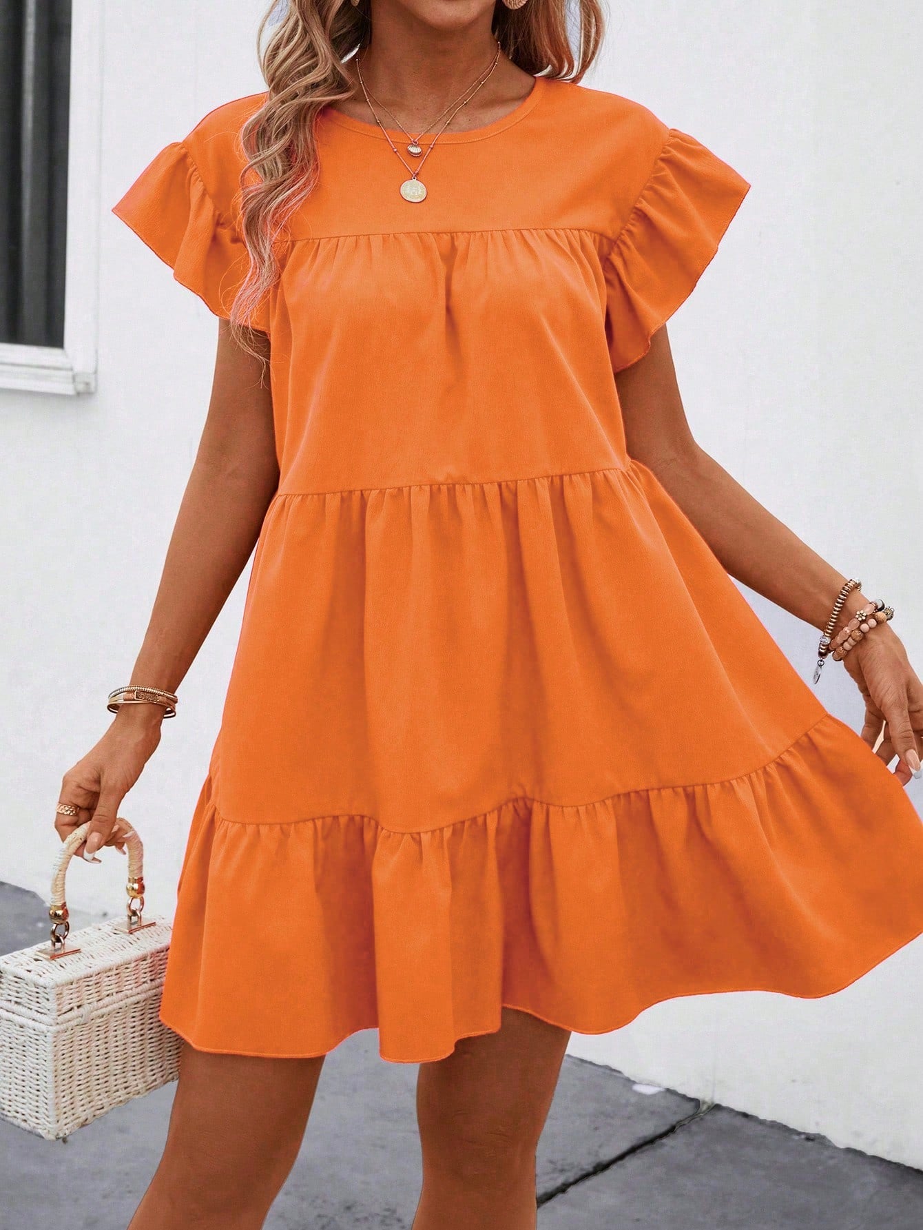 Breezaya Women Summer Solid Color Round Neck Loose Babydoll Dress With Ruffle Trim Vacation Beach Outfit Tropical Orange