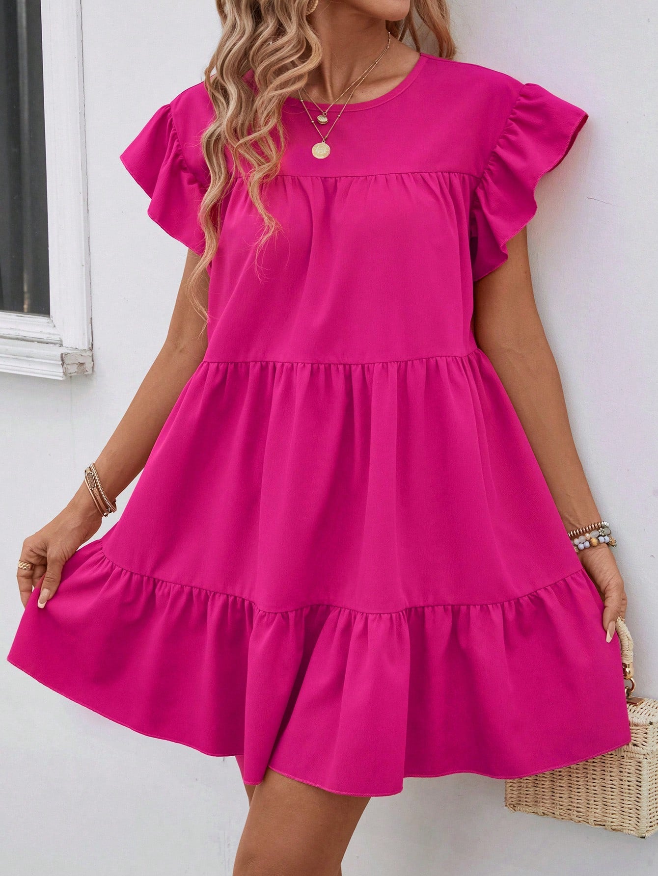 Breezaya Women Summer Solid Color Round Neck Loose Babydoll Dress With Ruffle Trim Vacation Beach Outfit Tropical Orange