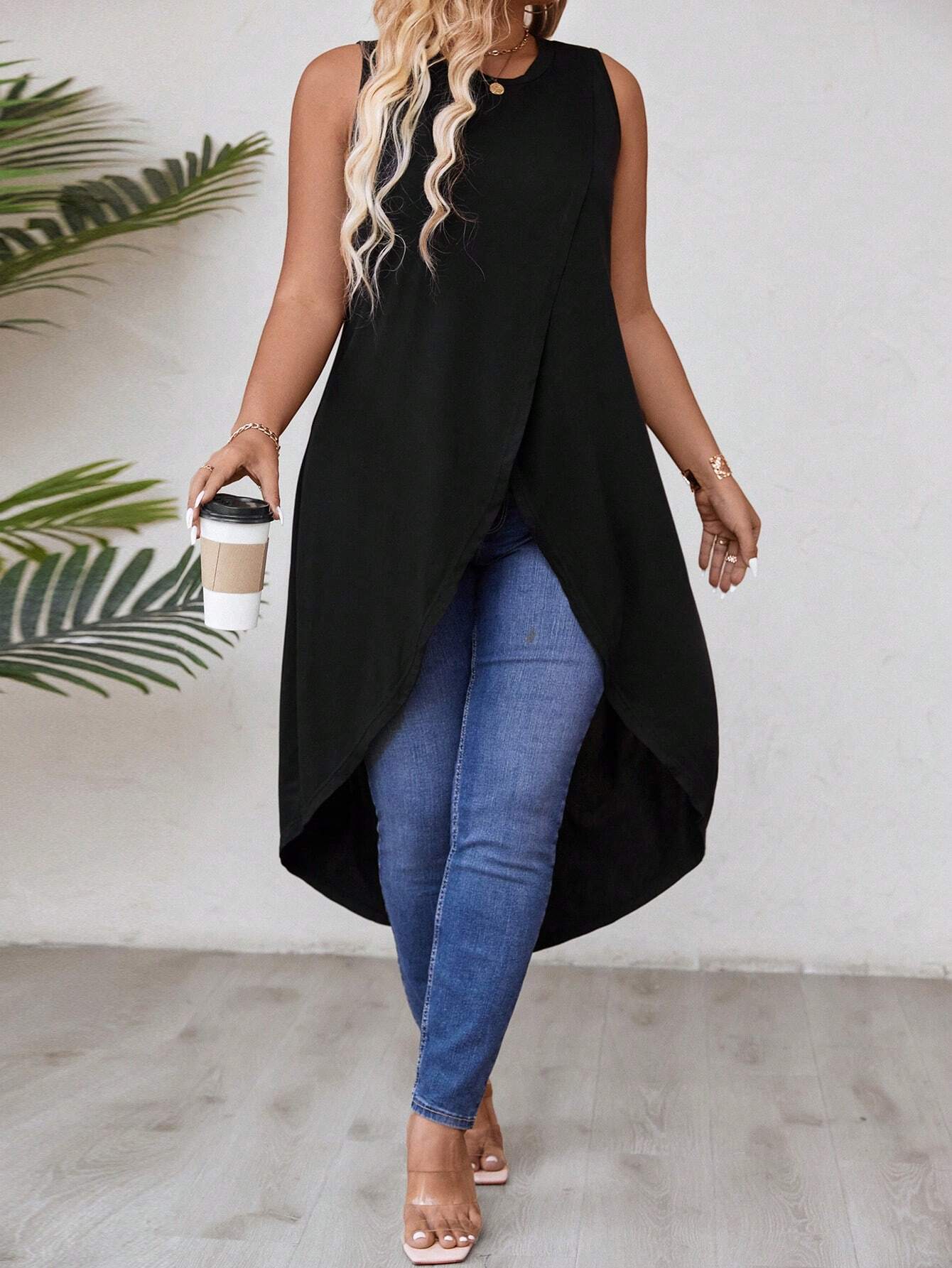 Breezaya Xl-5xl Plus Size Solid Color Wrap Hem Tank Top For Summer