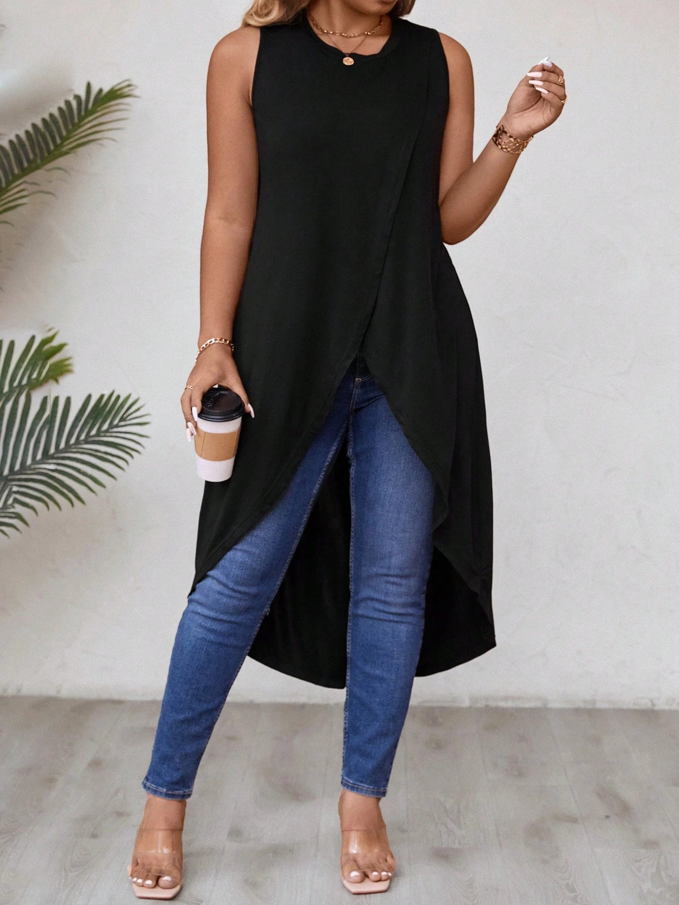 Breezaya Xl-5xl Plus Size Solid Color Wrap Hem Tank Top For Summer