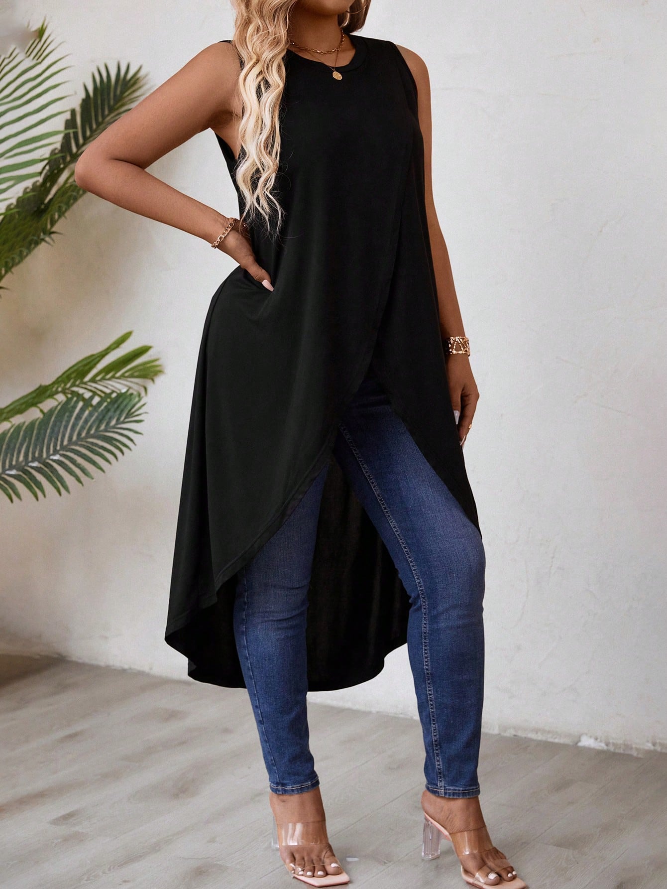 Breezaya Xl-5xl Plus Size Solid Color Wrap Hem Tank Top For Summer