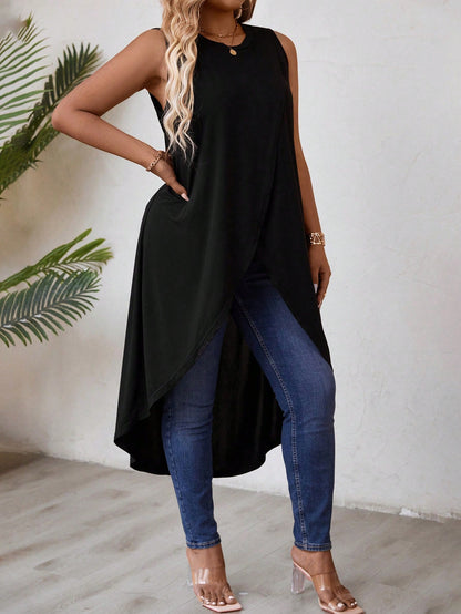 Breezaya Xl-5xl Plus Size Solid Color Wrap Hem Tank Top For Summer