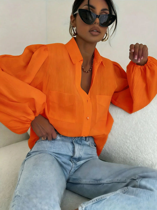 Bright Orange Textured Shirt For Women, Loose Fit Puff Lantern Sleeve Double Pocket Lapel Collar Semi-Sheer Sun Protection Commute Versatile Blouse, Minimalist
