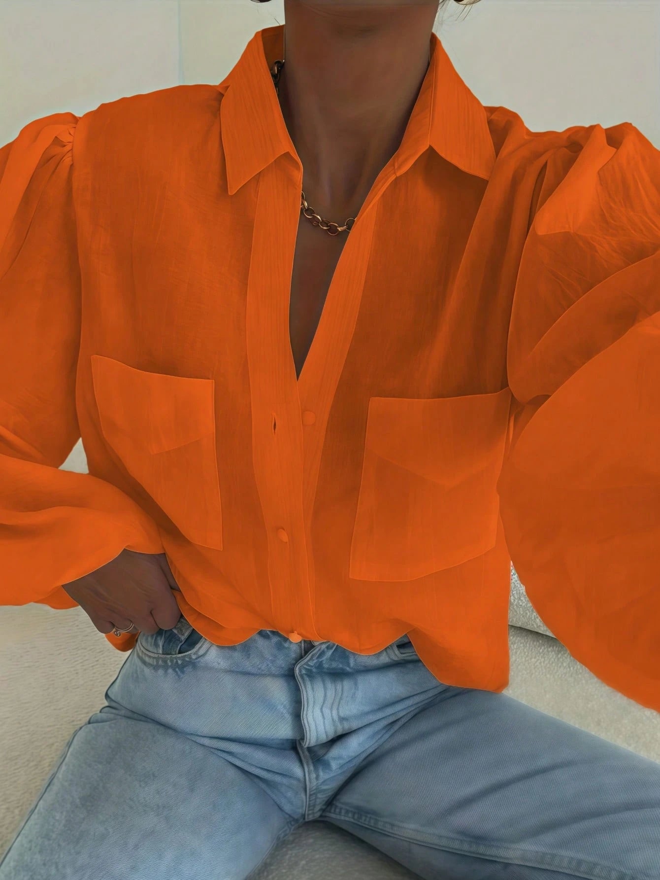 Bright Orange Textured Shirt For Women, Loose Fit Puff Lantern Sleeve Double Pocket Lapel Collar Semi-Sheer Sun Protection Commute Versatile Blouse, Minimalist