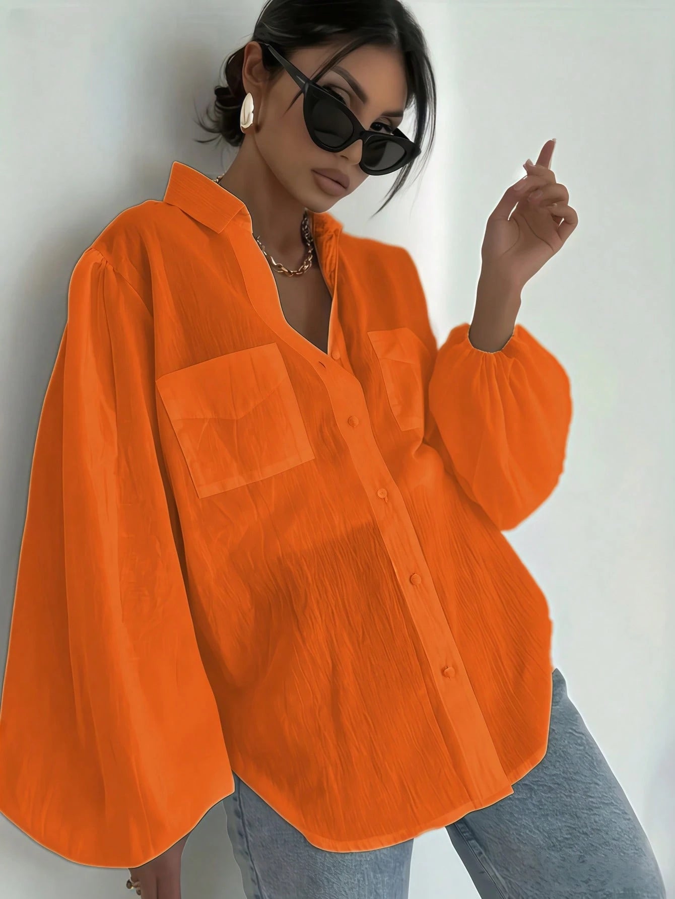Bright Orange Textured Shirt For Women, Loose Fit Puff Lantern Sleeve Double Pocket Lapel Collar Semi-Sheer Sun Protection Commute Versatile Blouse, Minimalist