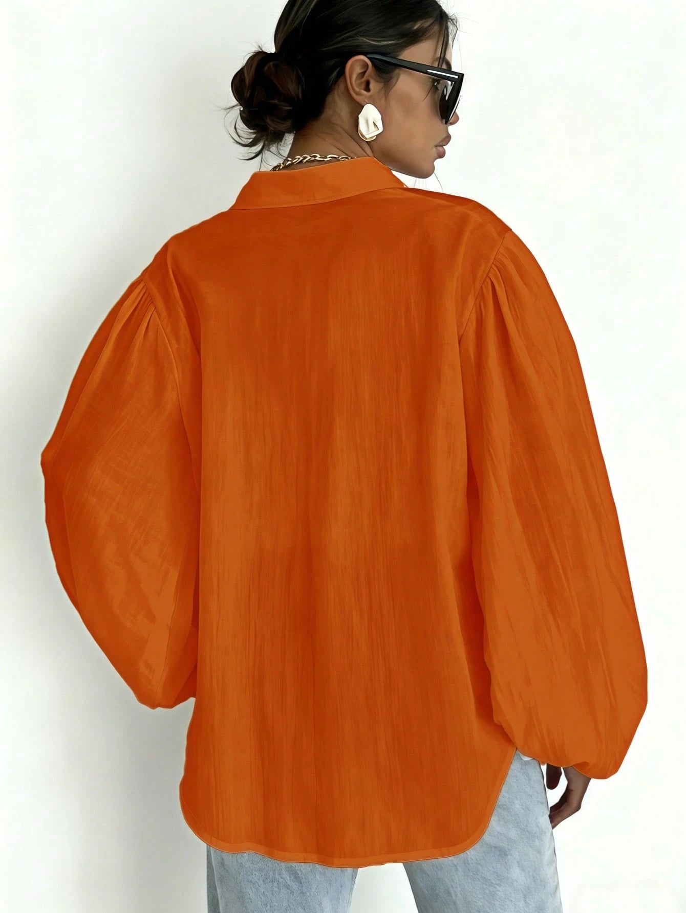 Bright Orange Textured Shirt For Women, Loose Fit Puff Lantern Sleeve Double Pocket Lapel Collar Semi-Sheer Sun Protection Commute Versatile Blouse, Minimalist