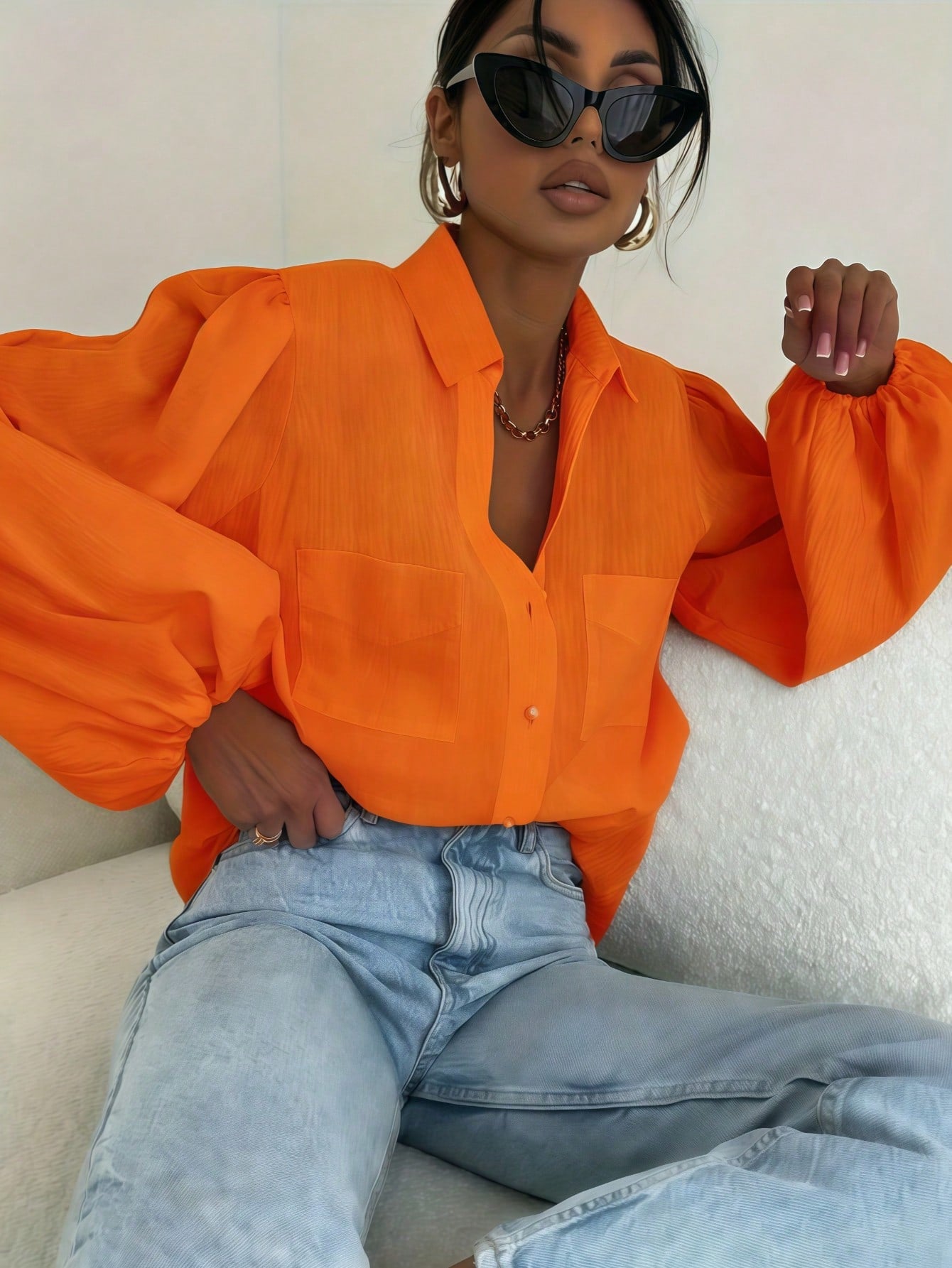 Bright Orange Textured Shirt For Women, Loose Fit Puff Lantern Sleeve Double Pocket Lapel Collar Semi-Sheer Sun Protection Commute Versatile Blouse, Minimalist