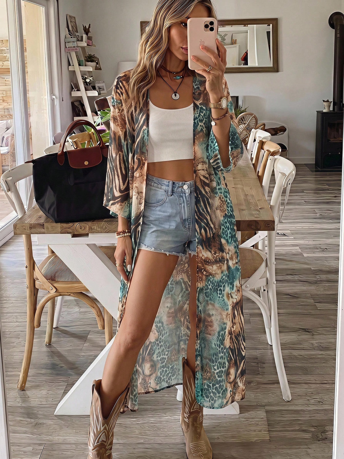 Brillora Women's Leopard & Floral Print Casual Vacation Beach Cover Up Kimono Summer