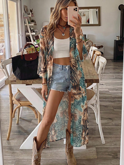 Brillora Women's Leopard & Floral Print Casual Vacation Beach Cover Up Kimono Summer
