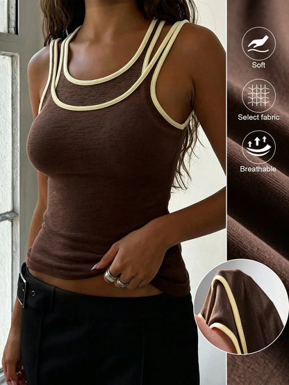 Brown Sleeveless Double Layer Tank Top, Fashion Casual Spring/Summer Standard Size