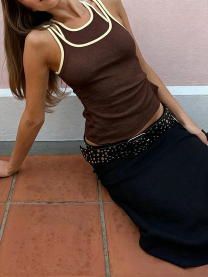 Brown Sleeveless Double Layer Tank Top, Fashion Casual Spring/Summer Standard Size