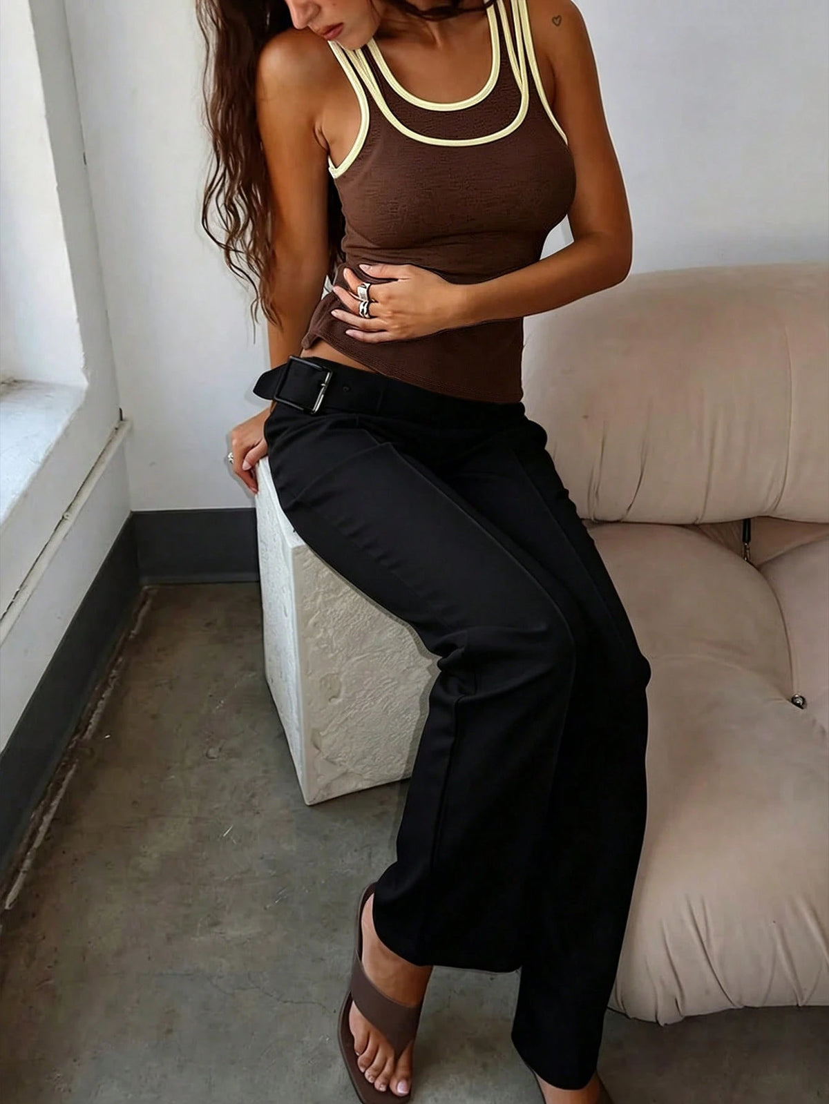 Brown Sleeveless Double Layer Tank Top, Fashion Casual Spring/Summer Standard Size
