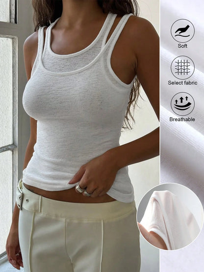 Brown Sleeveless Double Layer Tank Top, Fashion Casual Spring/Summer Standard Size