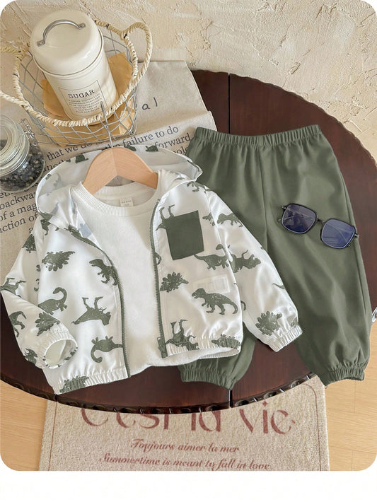 Bubblio Baby Boy Spring Summer Autumn Cartoon Dinosaur Pattern Black & White Contrast Color Hooded Thin Jacket Solid Color Suitable For Outdoor Travel Outings