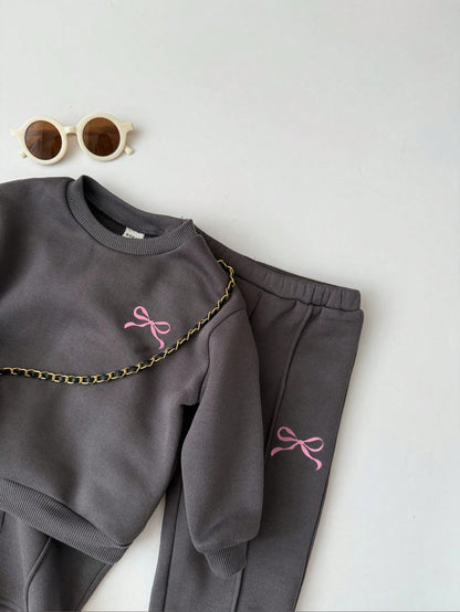 Bubblio Baby Girls Casual Heart Print Knit Solid Color Loose Drop Shoulder Long Sleeve Autumn Sweatshirt And Wide Leg Sweatpants Set Girl Clothes Y2k