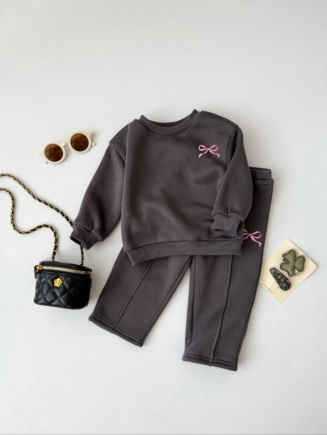 Bubblio Baby Girls Casual Heart Print Knit Solid Color Loose Drop Shoulder Long Sleeve Autumn Sweatshirt And Wide Leg Sweatpants Set Girl Clothes Y2k