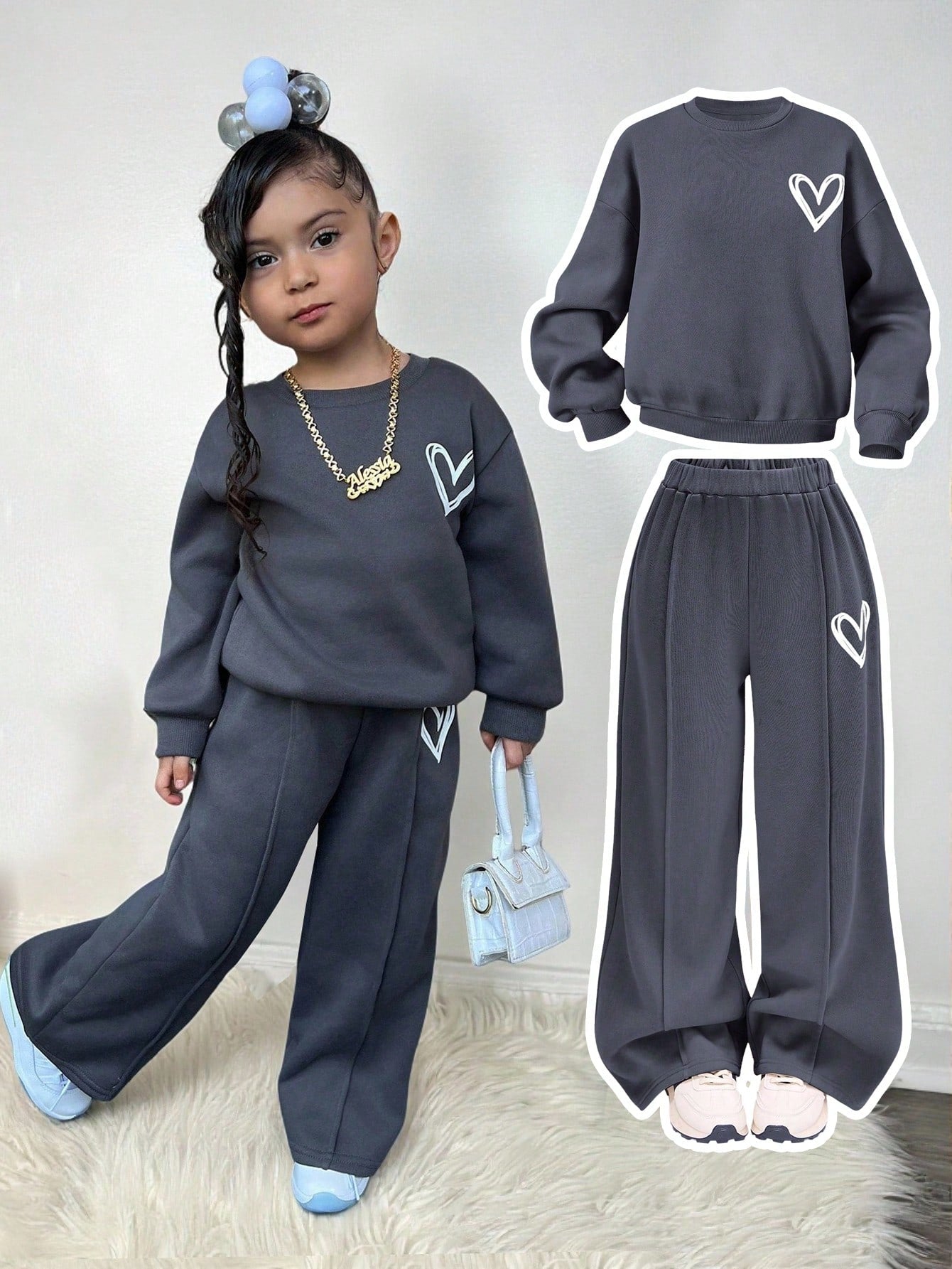 Bubblio Baby Girls Casual Heart Print Knit Solid Color Loose Drop Shoulder Long Sleeve Autumn Sweatshirt And Wide Leg Sweatpants Set Girl Clothes Y2k