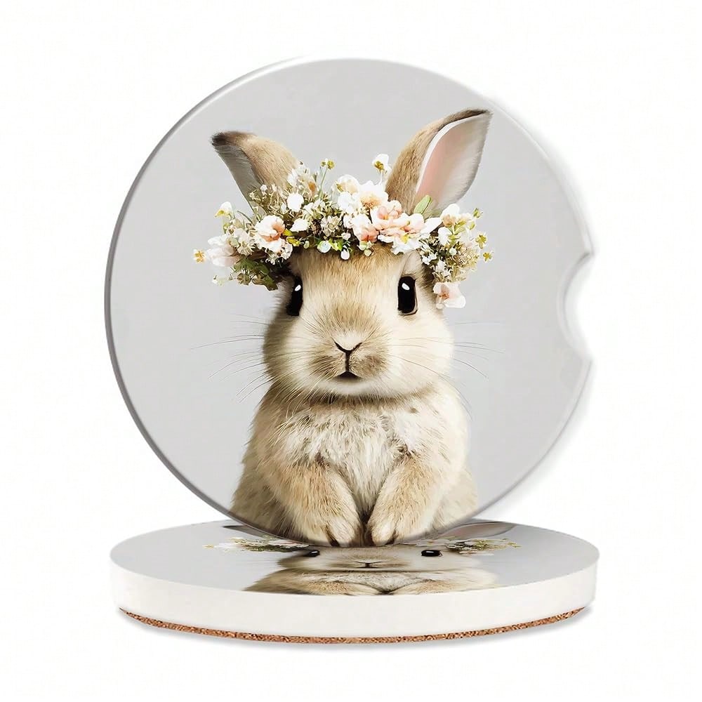 Bunny Car Cup Holder Coaster,Cute Animal Rabbit Car Coasters For Cup Holder,2 PCS Absorbent Insert Ceramic Car Assecories With Cork Bac