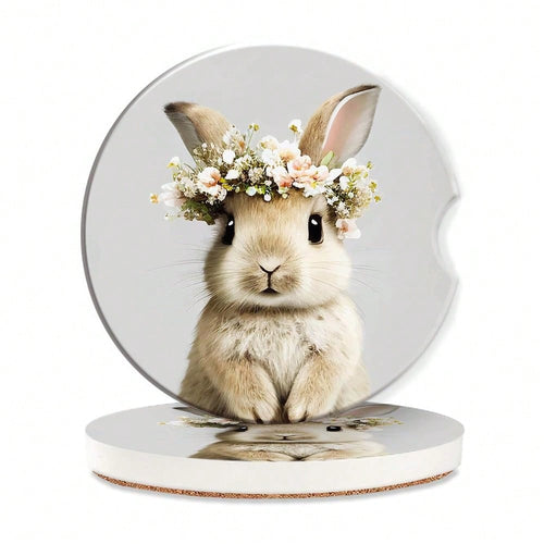 Bunny Car Cup Holder Coaster,Cute Animal Rabbit Car Coasters For Cup Holder,2 PCS Absorbent Insert Ceramic Car Assecories With Cork Bac