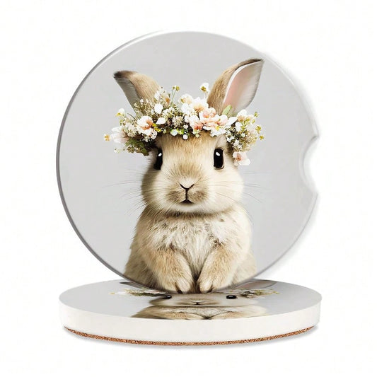 Bunny Car Cup Holder Coaster,Cute Animal Rabbit Car Coasters For Cup Holder,2 PCS Absorbent Insert Ceramic Car Assecories With Cork Bac