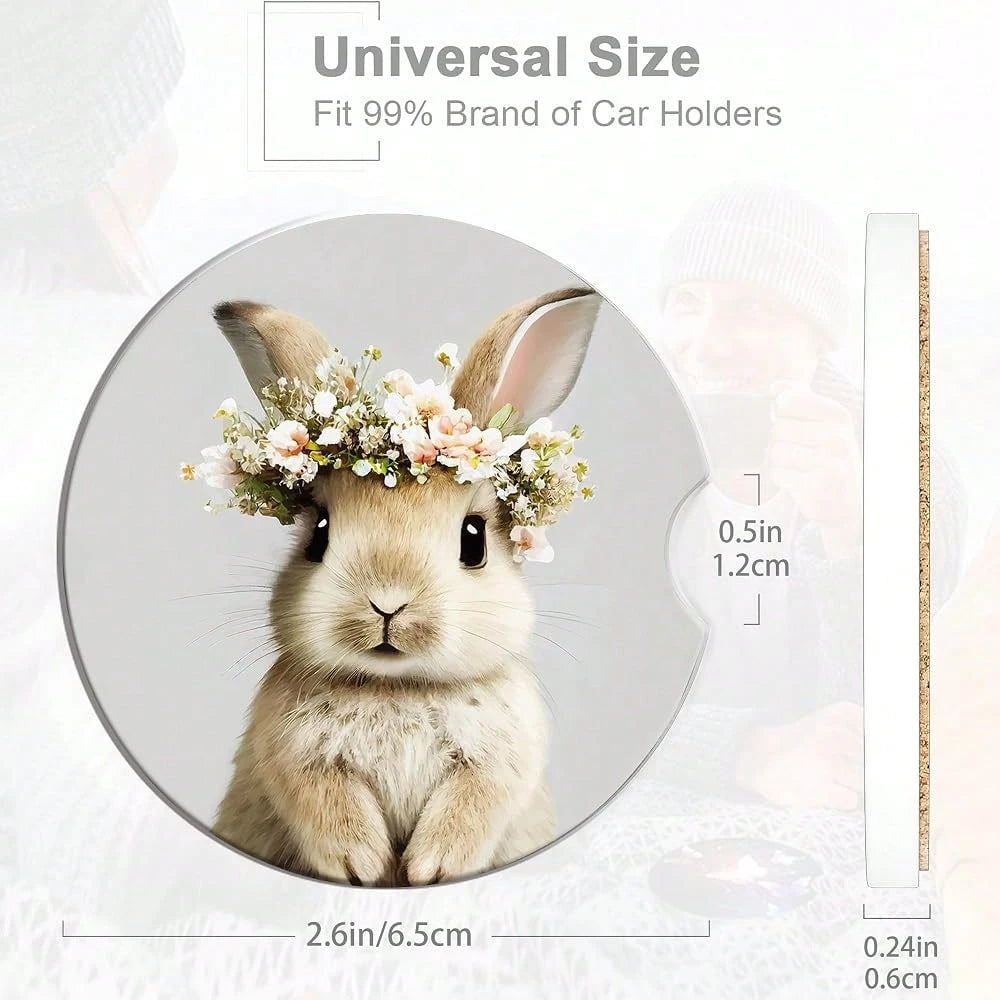 Bunny Car Cup Holder Coaster,Cute Animal Rabbit Car Coasters For Cup Holder,2 PCS Absorbent Insert Ceramic Car Assecories With Cork Bac