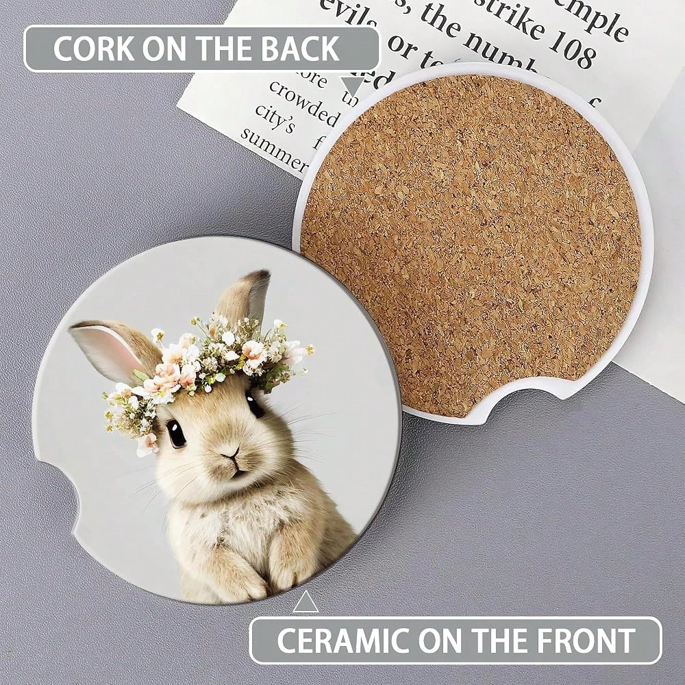 Bunny Car Cup Holder Coaster,Cute Animal Rabbit Car Coasters For Cup Holder,2 PCS Absorbent Insert Ceramic Car Assecories With Cork Bac