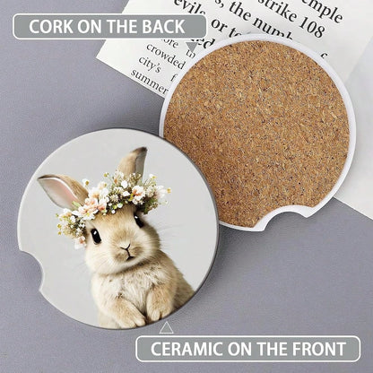 Bunny Car Cup Holder Coaster,Cute Animal Rabbit Car Coasters For Cup Holder,2 PCS Absorbent Insert Ceramic Car Assecories With Cork Bac