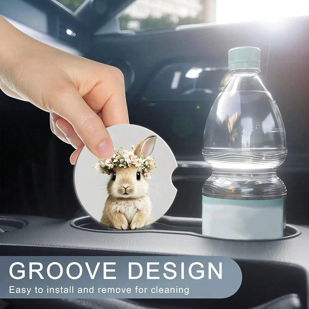 Bunny Car Cup Holder Coaster,Cute Animal Rabbit Car Coasters For Cup Holder,2 PCS Absorbent Insert Ceramic Car Assecories With Cork Bac