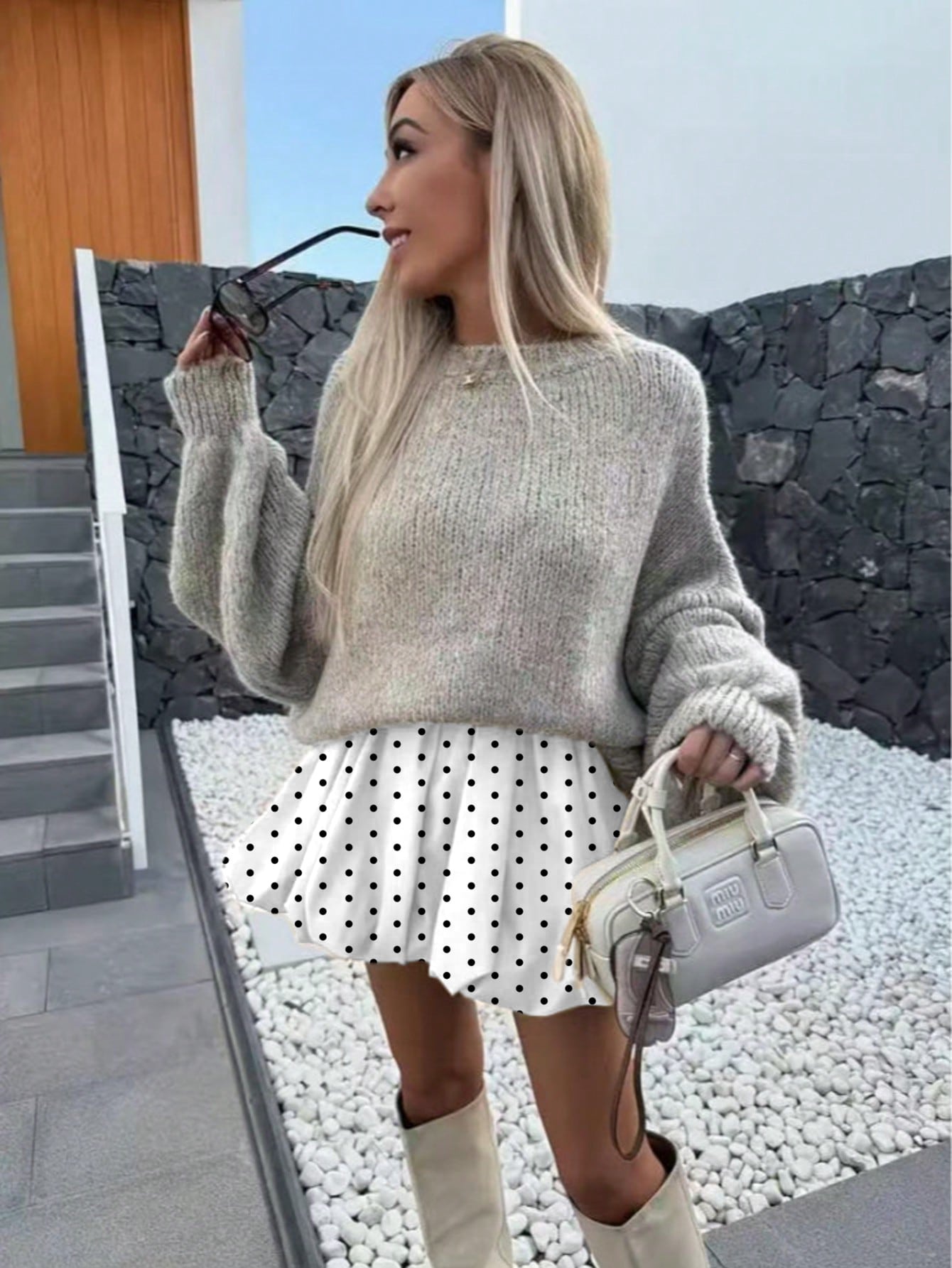 Buzzelle Bubble Pleated High Waist A-Line Mini Skirt White Black Polka Dot Satin Fabric