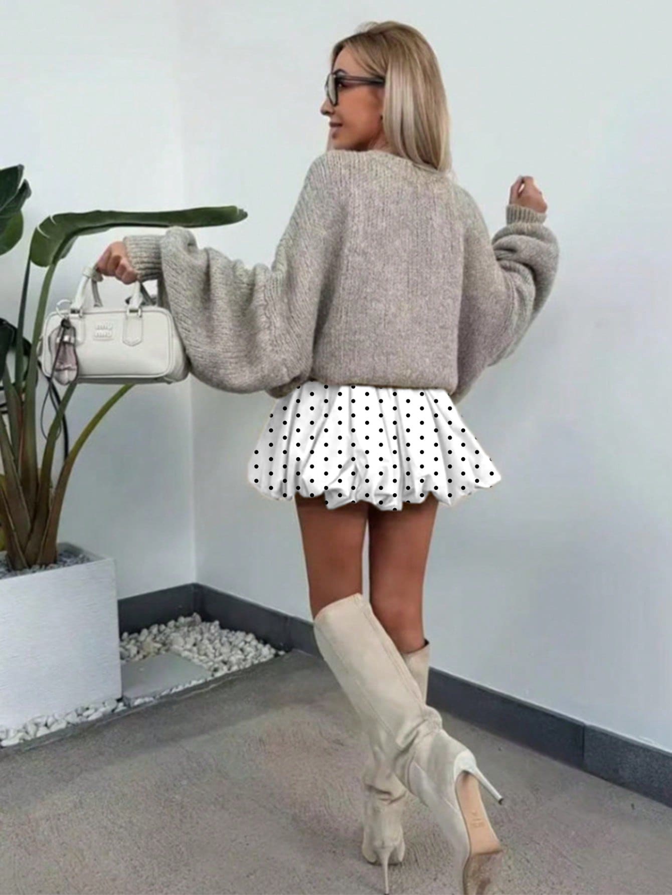 Buzzelle Bubble Pleated High Waist A-Line Mini Skirt White Black Polka Dot Satin Fabric