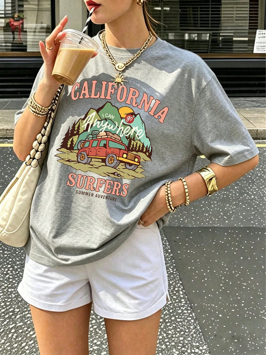 California Off-Road SUV Mountain Graphic T-Shirt, Vintage Outdoor Adventure Print T-Shirt, West Coast Everyday Top Summer Casual