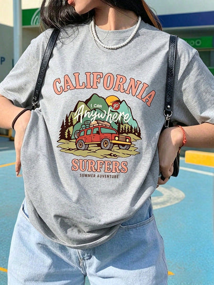 California Off-Road SUV Mountain Graphic T-Shirt, Vintage Outdoor Adventure Print T-Shirt, West Coast Everyday Top Summer Casual