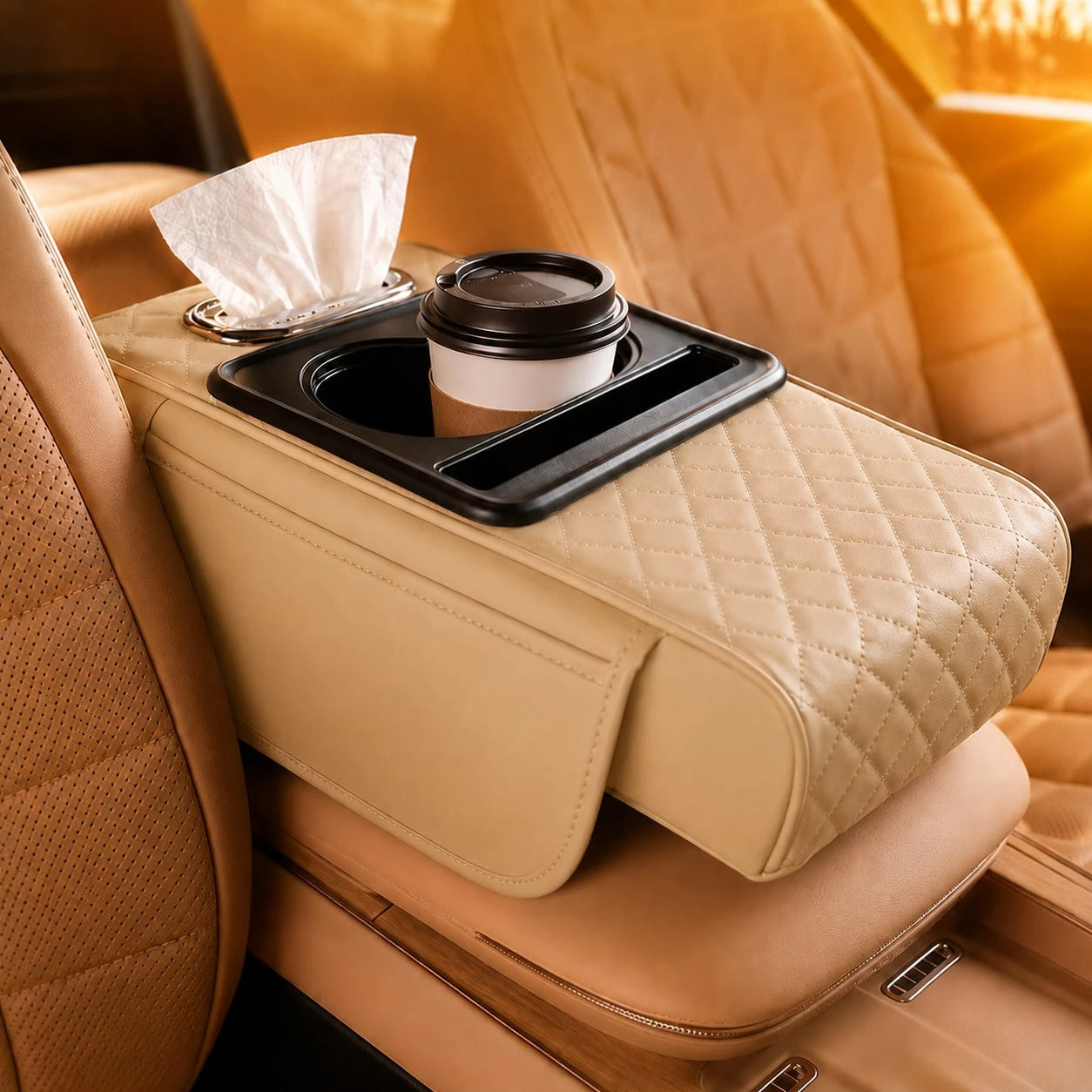 Car Armrest Organizer Cushion, Universal Center Console Storage Box Cover With Cup Holder, Tissue Slot, Phone Tray & Soft Armrest Pad, Quilted Leather Auto Interior Accessories For Car, SUV & Truck
