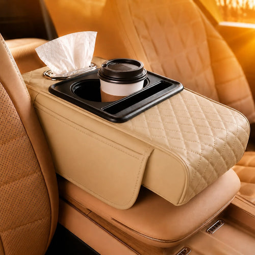 Car Armrest Organizer Cushion, Universal Center Console Storage Box Cover With Cup Holder, Tissue Slot, Phone Tray & Soft Armrest Pad, Quilted Leather Auto Interior Accessories For Car, SUV & Truck