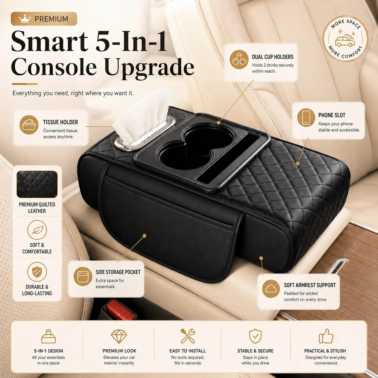 Car Armrest Organizer Cushion, Universal Center Console Storage Box Cover With Cup Holder, Tissue Slot, Phone Tray & Soft Armrest Pad, Quilted Leather Auto Interior Accessories For Car, SUV & Truck