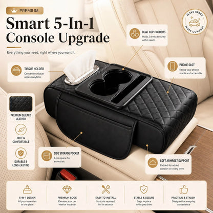 Car Armrest Organizer Cushion, Universal Center Console Storage Box Cover With Cup Holder, Tissue Slot, Phone Tray & Soft Armrest Pad, Quilted Leather Auto Interior Accessories For Car, SUV & Truck
