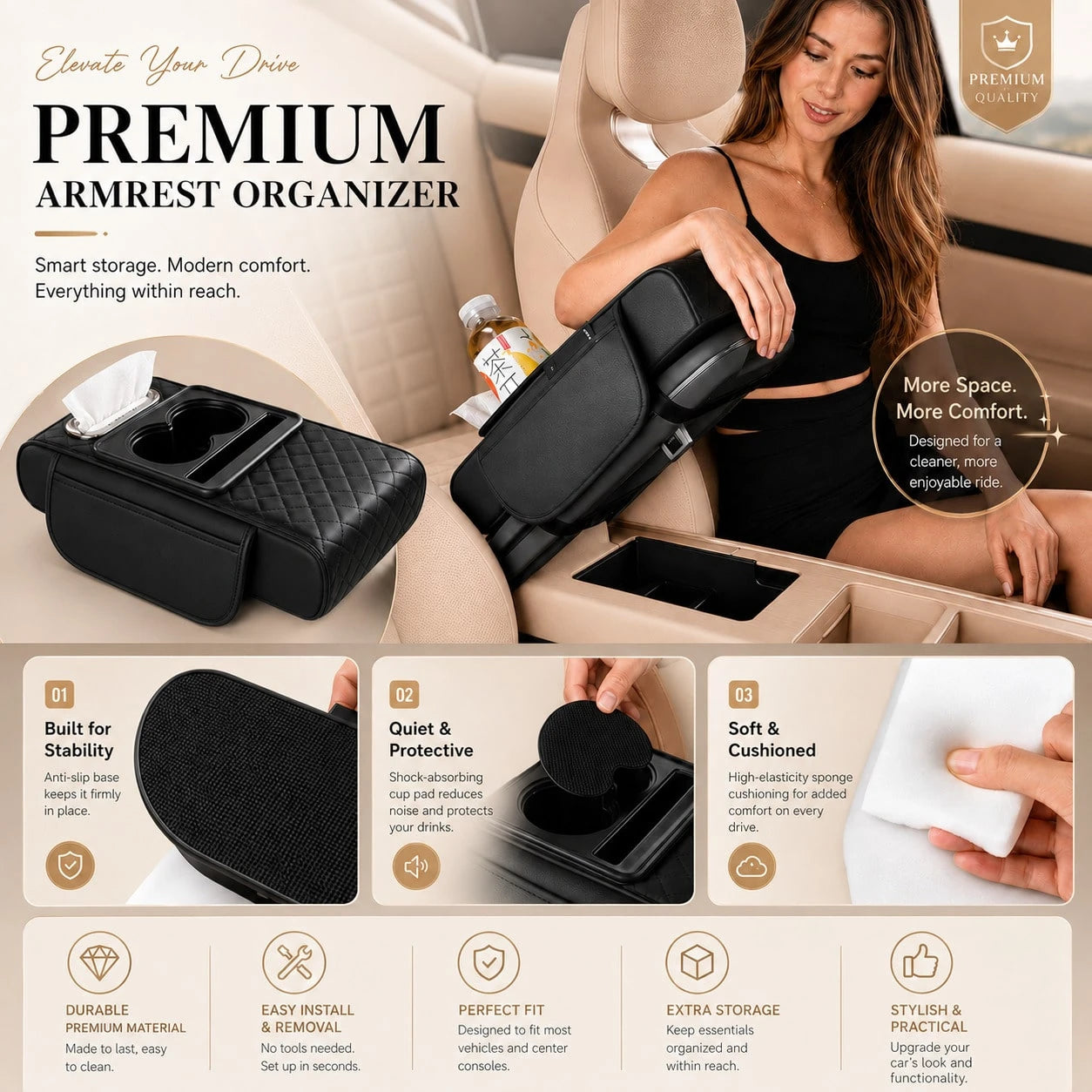 Car Armrest Organizer Cushion, Universal Center Console Storage Box Cover With Cup Holder, Tissue Slot, Phone Tray & Soft Armrest Pad, Quilted Leather Auto Interior Accessories For Car, SUV & Truck