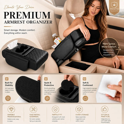 Car Armrest Organizer Cushion, Universal Center Console Storage Box Cover With Cup Holder, Tissue Slot, Phone Tray & Soft Armrest Pad, Quilted Leather Auto Interior Accessories For Car, SUV & Truck