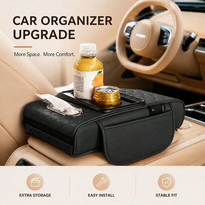Car Armrest Organizer Cushion, Universal Center Console Storage Box Cover With Cup Holder, Tissue Slot, Phone Tray & Soft Armrest Pad, Quilted Leather Auto Interior Accessories For Car, SUV & Truck