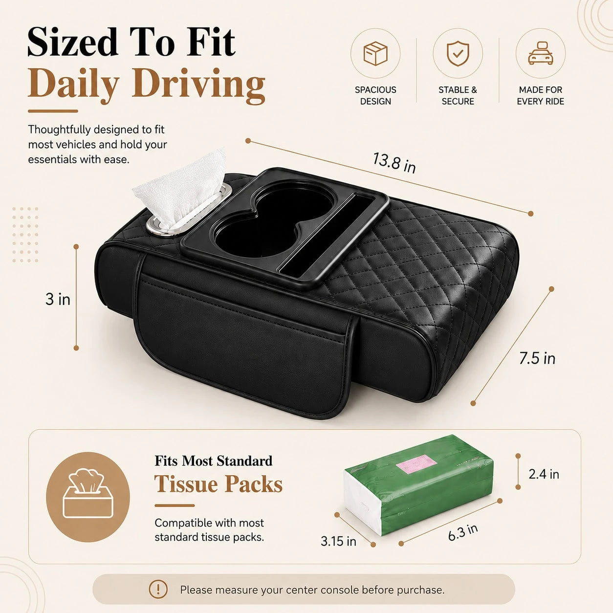 Car Armrest Organizer Cushion, Universal Center Console Storage Box Cover With Cup Holder, Tissue Slot, Phone Tray & Soft Armrest Pad, Quilted Leather Auto Interior Accessories For Car, SUV & Truck