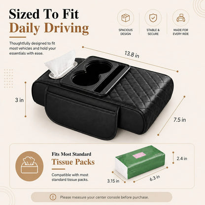 Car Armrest Organizer Cushion, Universal Center Console Storage Box Cover With Cup Holder, Tissue Slot, Phone Tray & Soft Armrest Pad, Quilted Leather Auto Interior Accessories For Car, SUV & Truck