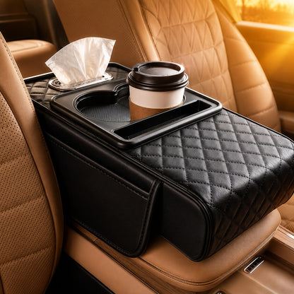 Car Armrest Organizer Cushion, Universal Center Console Storage Box Cover With Cup Holder, Tissue Slot, Phone Tray & Soft Armrest Pad, Quilted Leather Auto Interior Accessories For Car, SUV & Truck