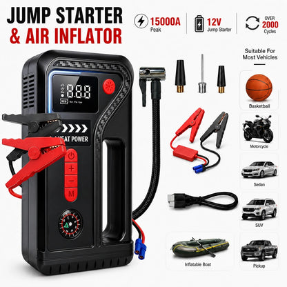 Car Essentials 10-In-1 Roadside Emergency Tool, 13000A Jump Starter And 200 PSI Digital Tire Inflator With Smart Clamps, USB Output, LED Work Light And Pressure Gauge For 12V Cars, SUVs And Pickups