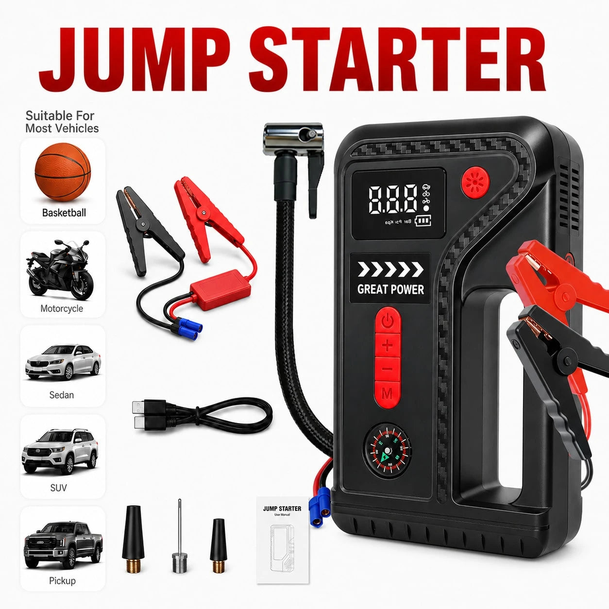 Car Essentials 10-In-1 Roadside Emergency Tool, 13000A Jump Starter And 200 PSI Digital Tire Inflator With Smart Clamps, USB Output, LED Work Light And Pressure Gauge For 12V Cars, SUVs And Pickups